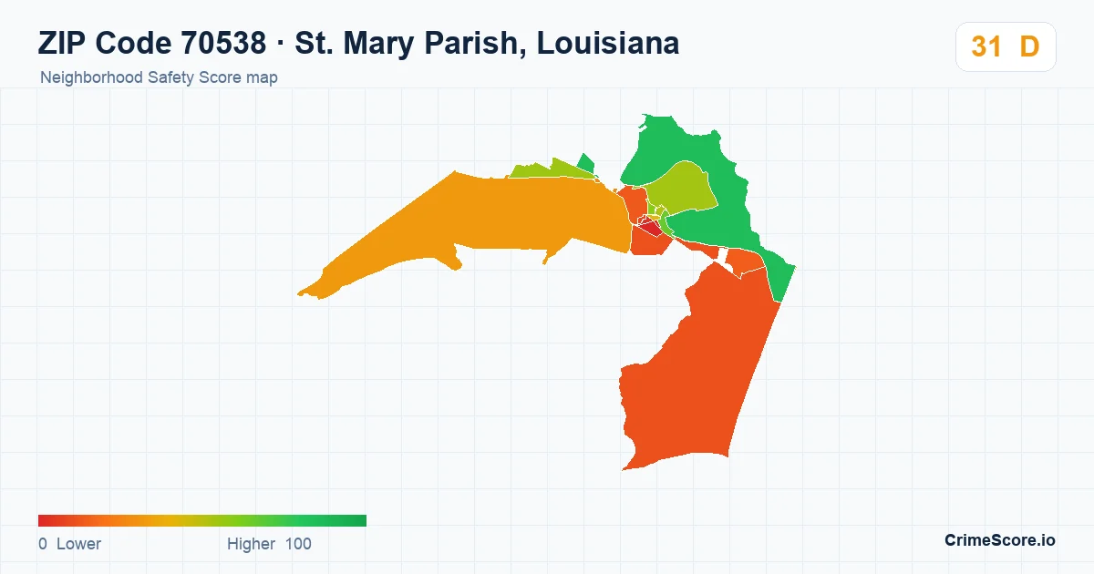 ZIP Code 70538 in St. Mary Parish, Louisiana neighborhood Safety Score map