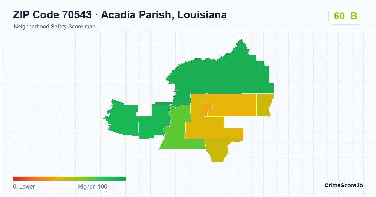 ZIP Code 70543 in Acadia Parish, Louisiana neighborhood Safety Score map