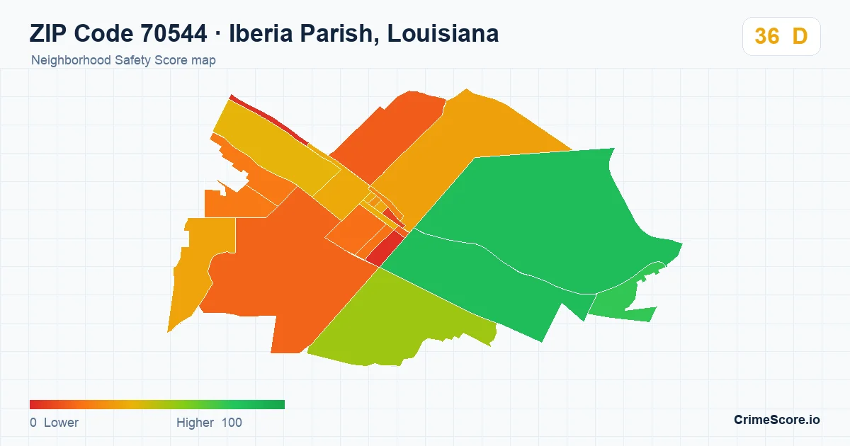 ZIP Code 70544 in Iberia Parish, Louisiana neighborhood Safety Score map