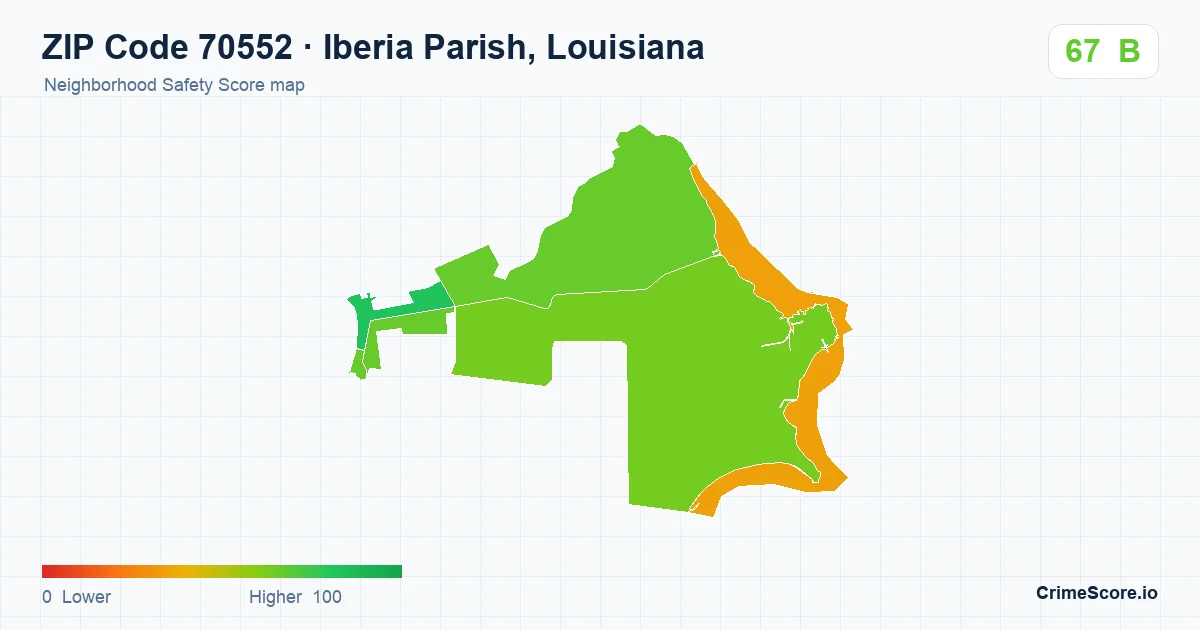 ZIP Code 70552 in Iberia Parish, Louisiana neighborhood Safety Score map