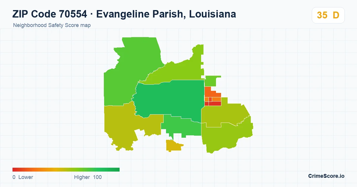 ZIP Code 70554 in Evangeline Parish, Louisiana neighborhood Safety Score map