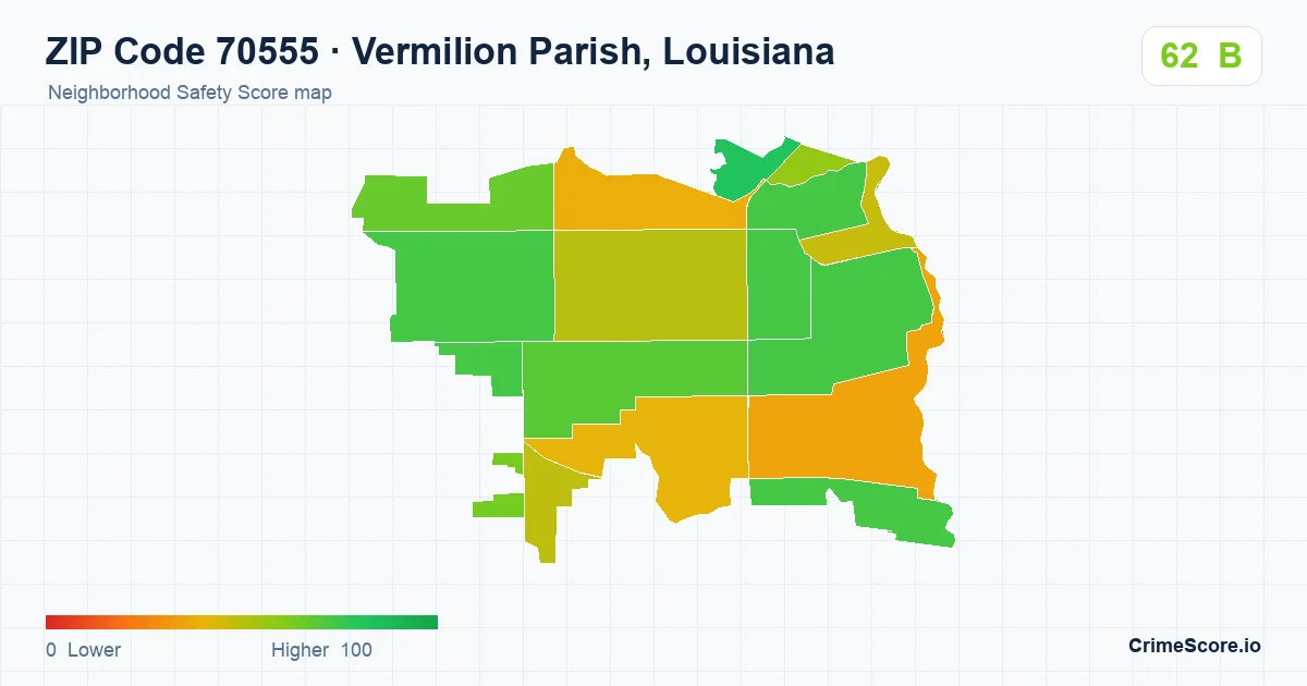 ZIP Code 70555 in Vermilion Parish, Louisiana neighborhood Safety Score map
