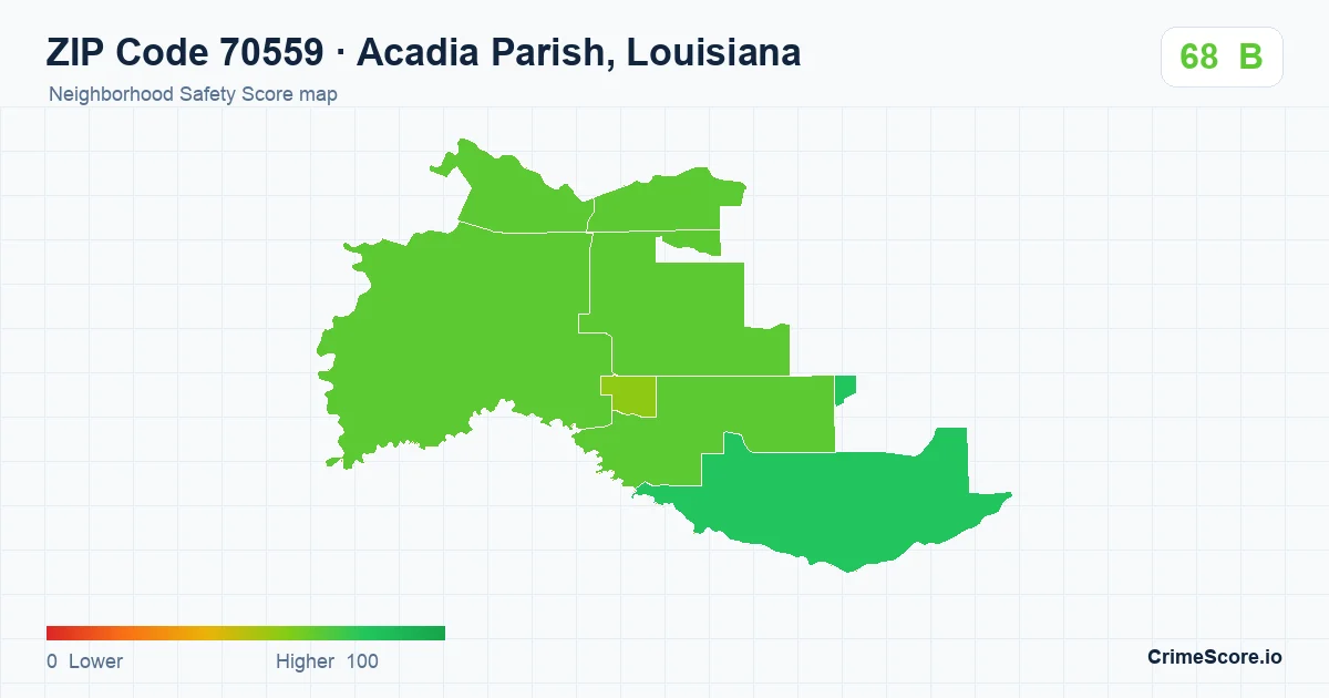 ZIP Code 70559 in Acadia Parish, Louisiana neighborhood Safety Score map