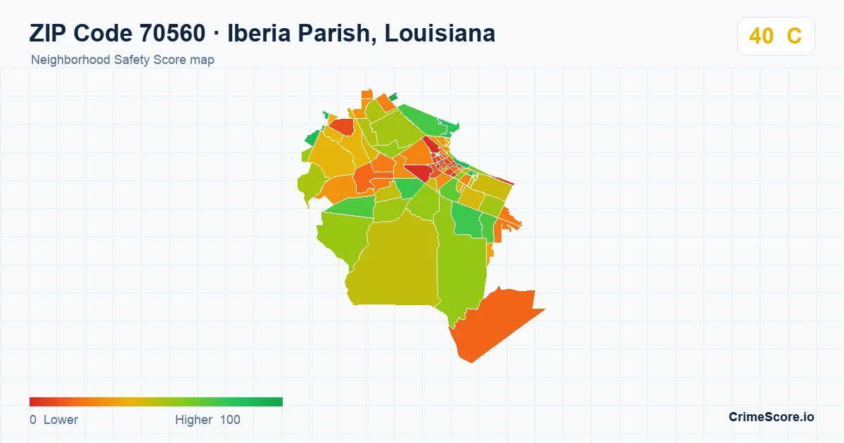 ZIP Code 70560 in Iberia Parish, Louisiana neighborhood Safety Score map
