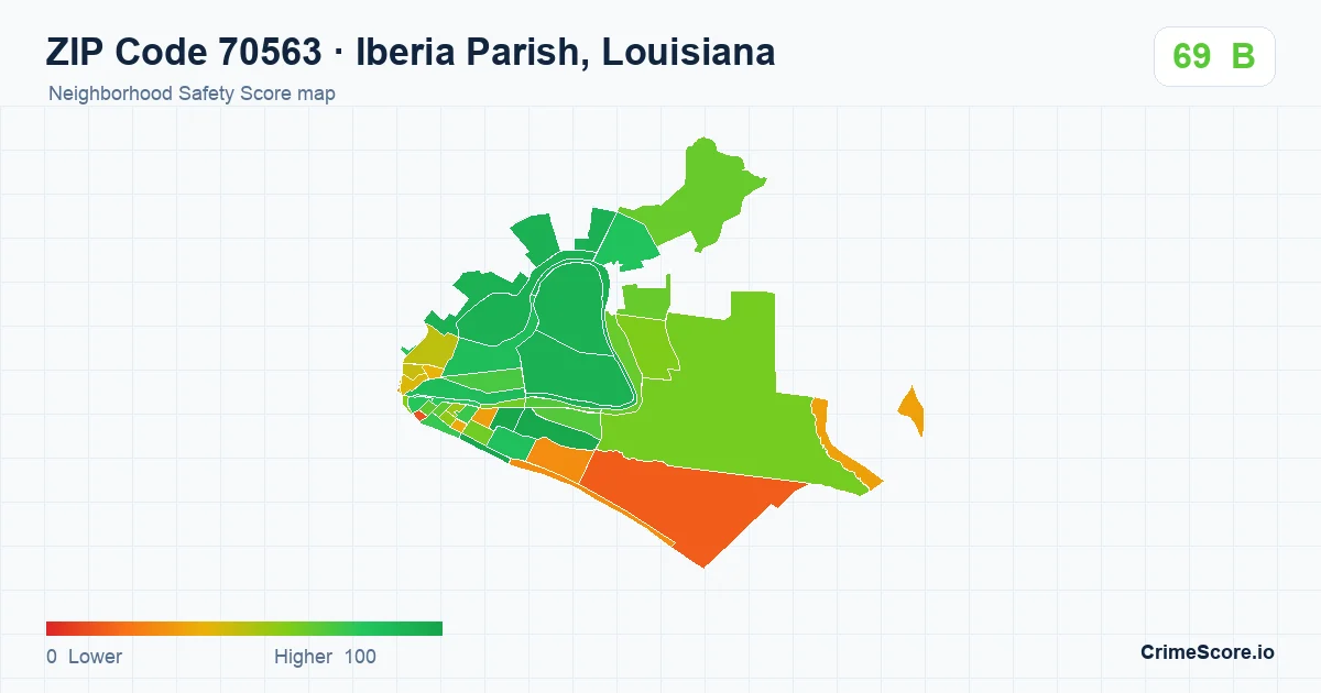 ZIP Code 70563 in Iberia Parish, Louisiana neighborhood Safety Score map