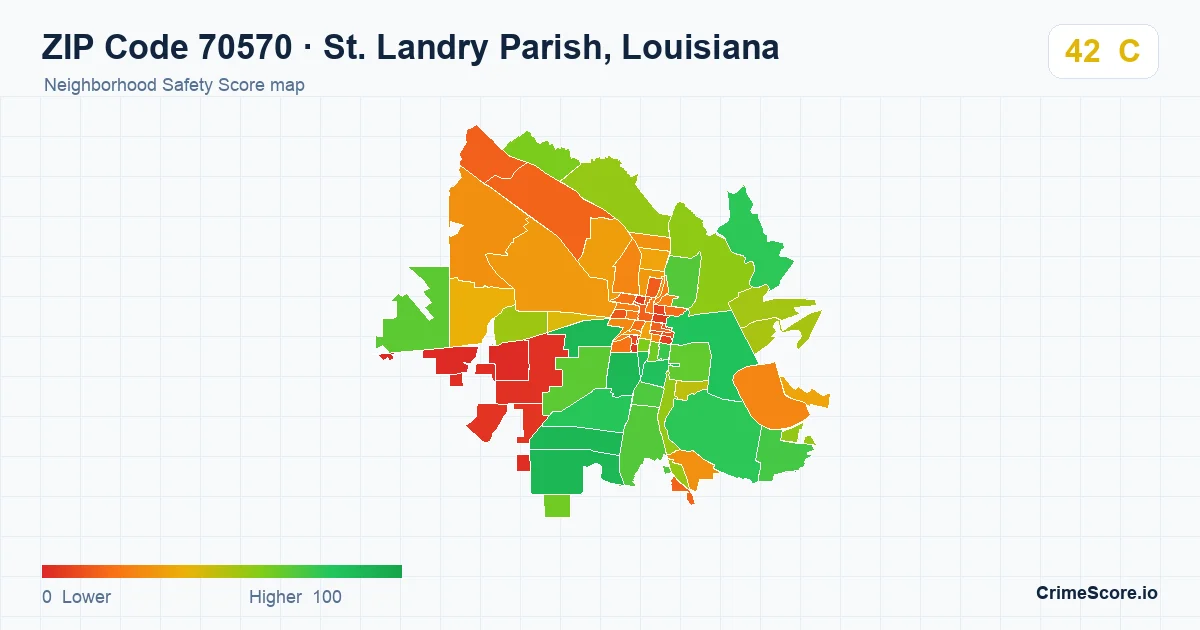 ZIP Code 70570 in St. Landry Parish, Louisiana neighborhood Safety Score map