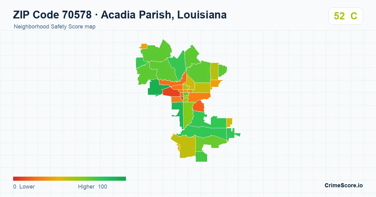 ZIP Code 70578 in Acadia Parish, Louisiana neighborhood Safety Score map
