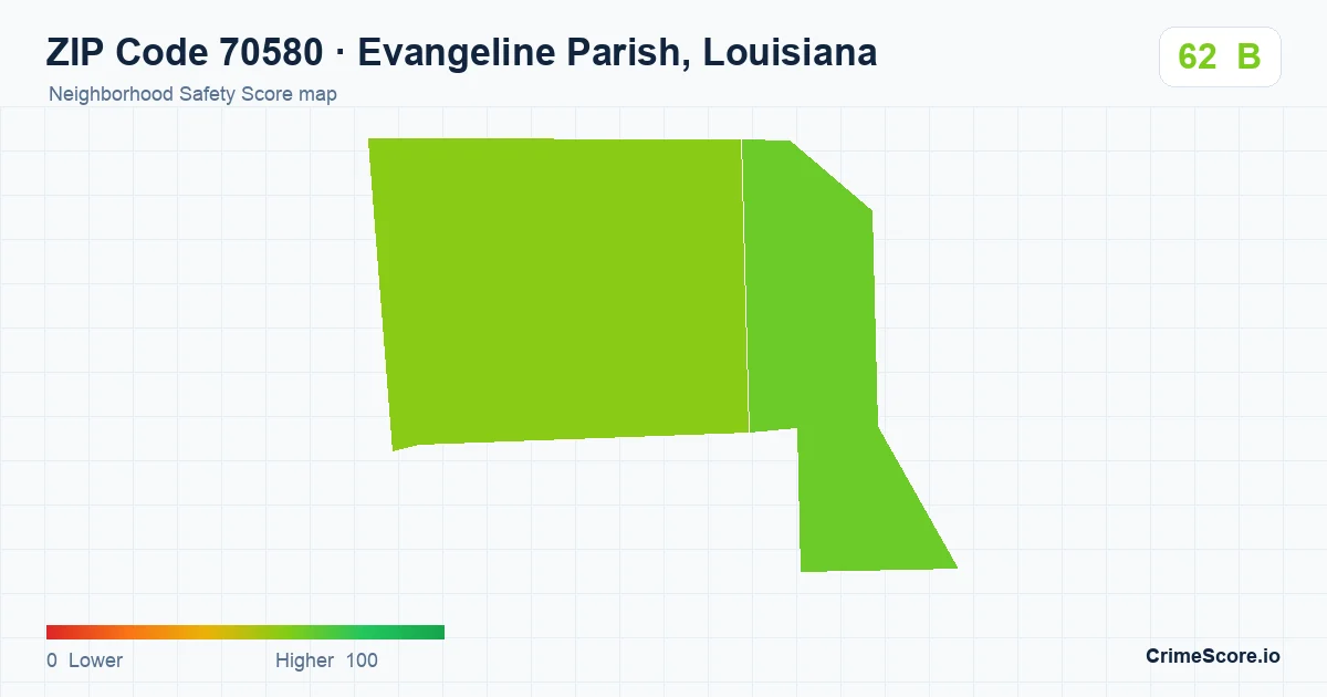 ZIP Code 70580 in Evangeline Parish, Louisiana neighborhood Safety Score map