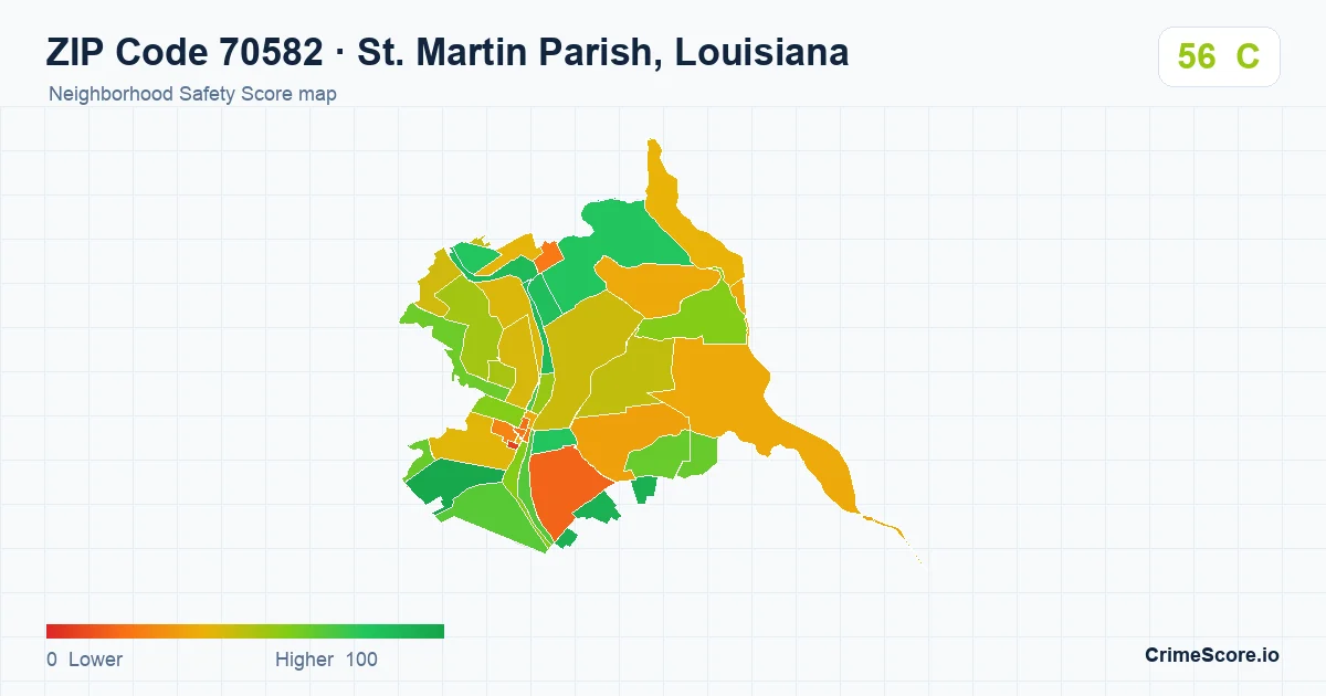 ZIP Code 70582 in St. Martin Parish, Louisiana neighborhood Safety Score map