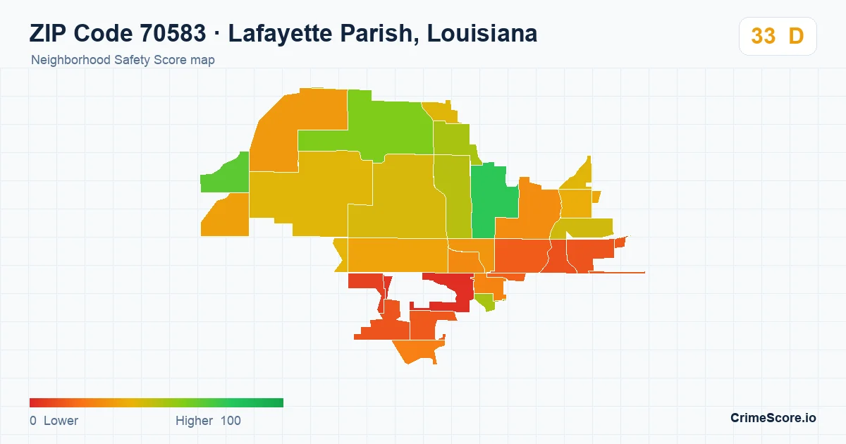 ZIP Code 70583 in Lafayette Parish, Louisiana neighborhood Safety Score map