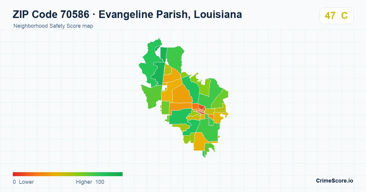 ZIP Code 70586 in Evangeline Parish, Louisiana neighborhood Safety Score map