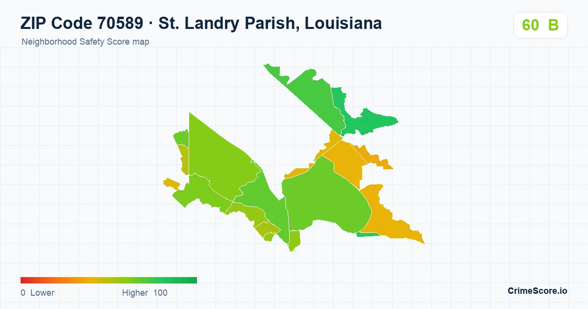 ZIP Code 70589 in St. Landry Parish, Louisiana neighborhood Safety Score map