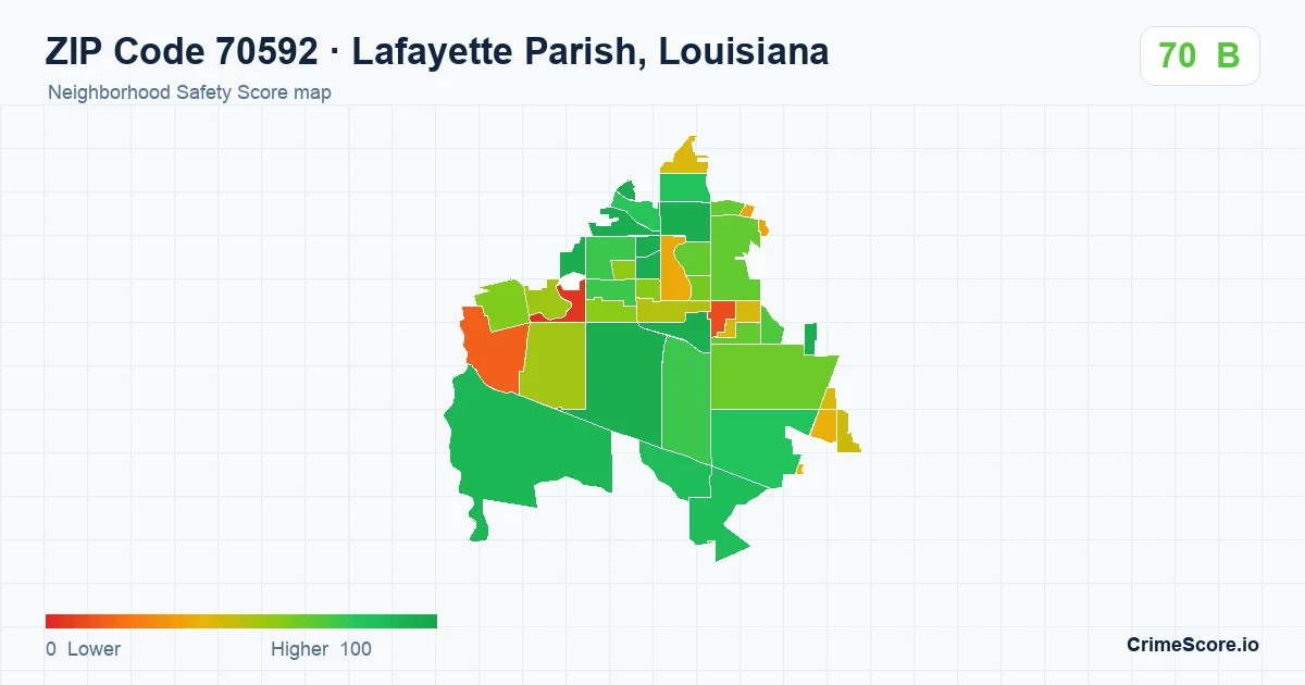 ZIP Code 70592 in Lafayette Parish, Louisiana neighborhood Safety Score map