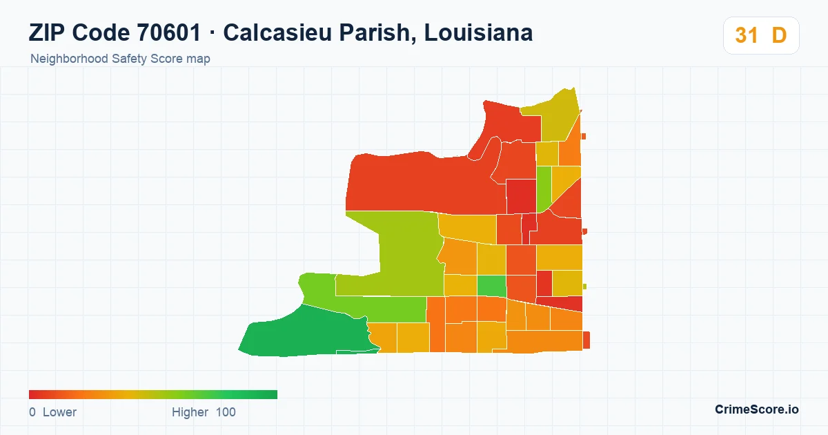 ZIP Code 70601 in Calcasieu Parish, Louisiana neighborhood Safety Score map