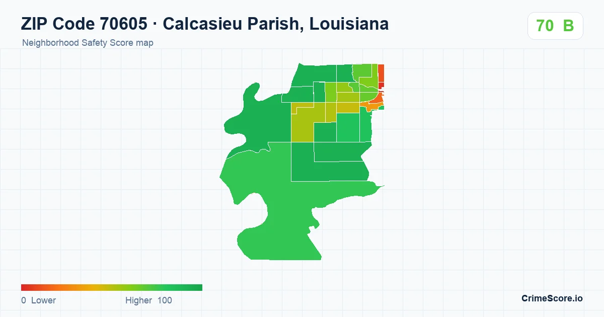 ZIP Code 70605 in Calcasieu Parish, Louisiana neighborhood Safety Score map