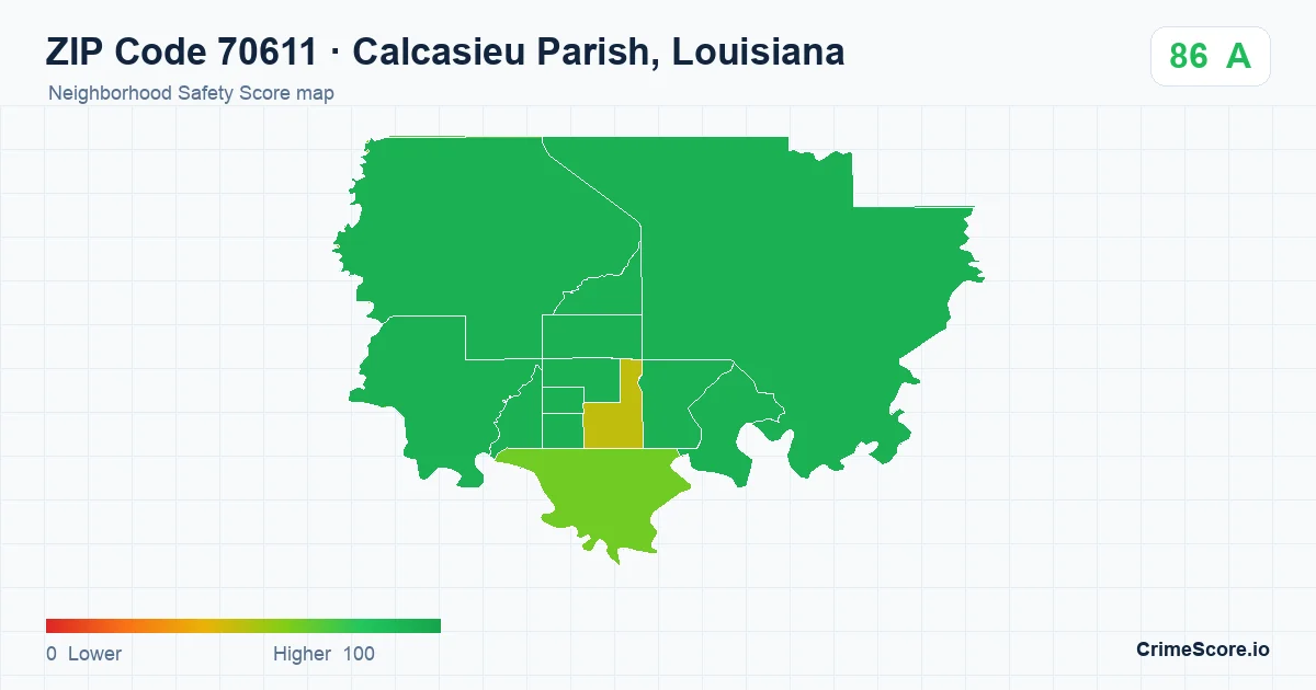 ZIP Code 70611 in Calcasieu Parish, Louisiana neighborhood Safety Score map