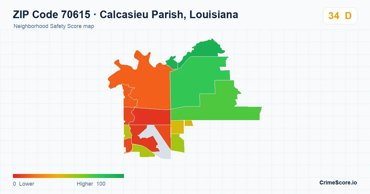 ZIP Code 70615 in Calcasieu Parish, Louisiana neighborhood Safety Score map