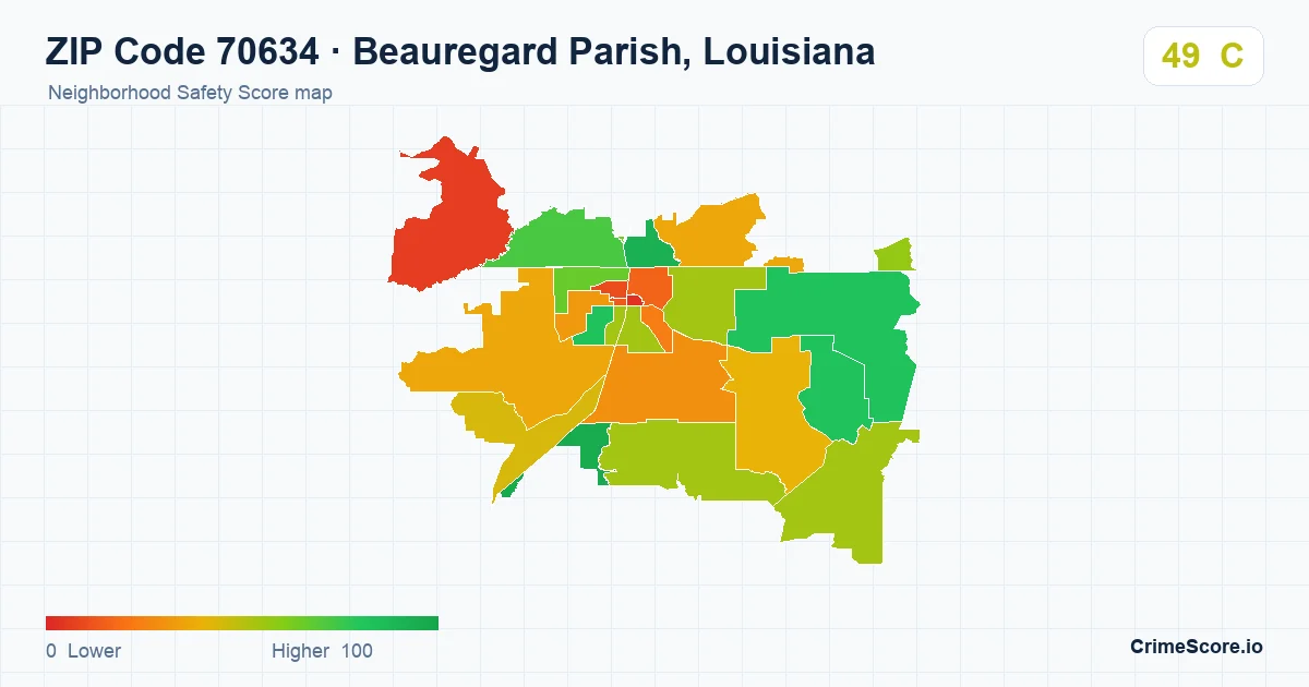 ZIP Code 70634 in Beauregard Parish, Louisiana neighborhood Safety Score map