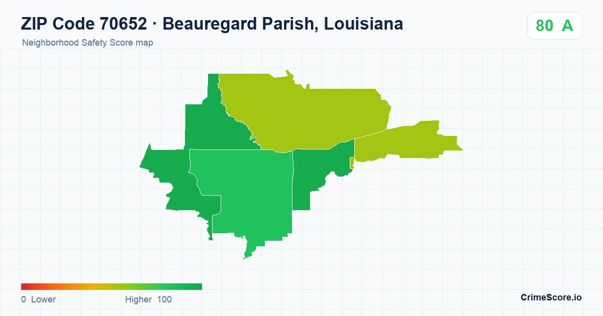 ZIP Code 70652 in Beauregard Parish, Louisiana neighborhood Safety Score map
