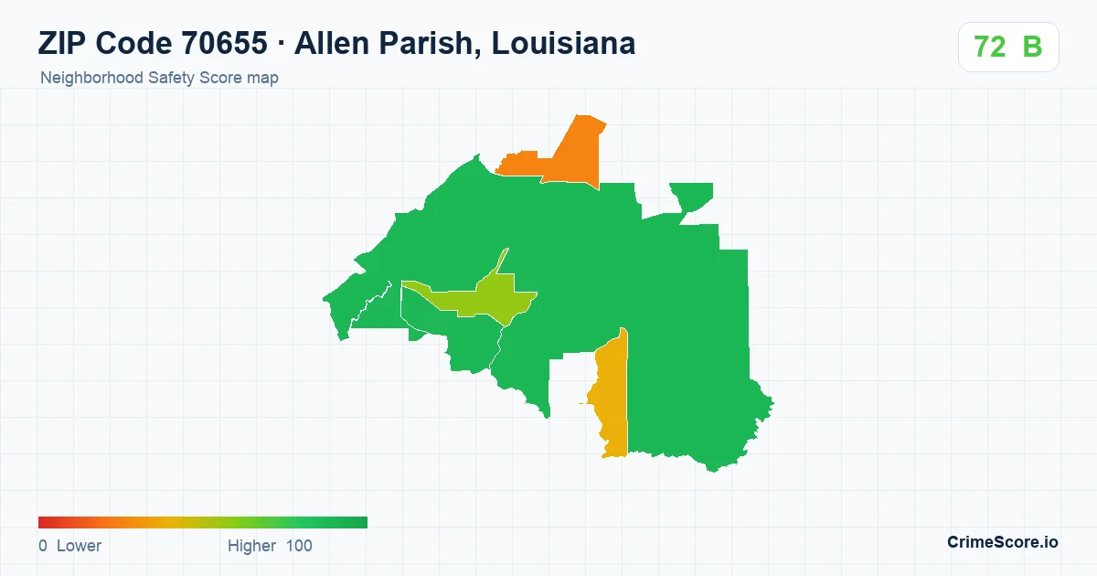 ZIP Code 70655 in Allen Parish, Louisiana neighborhood Safety Score map