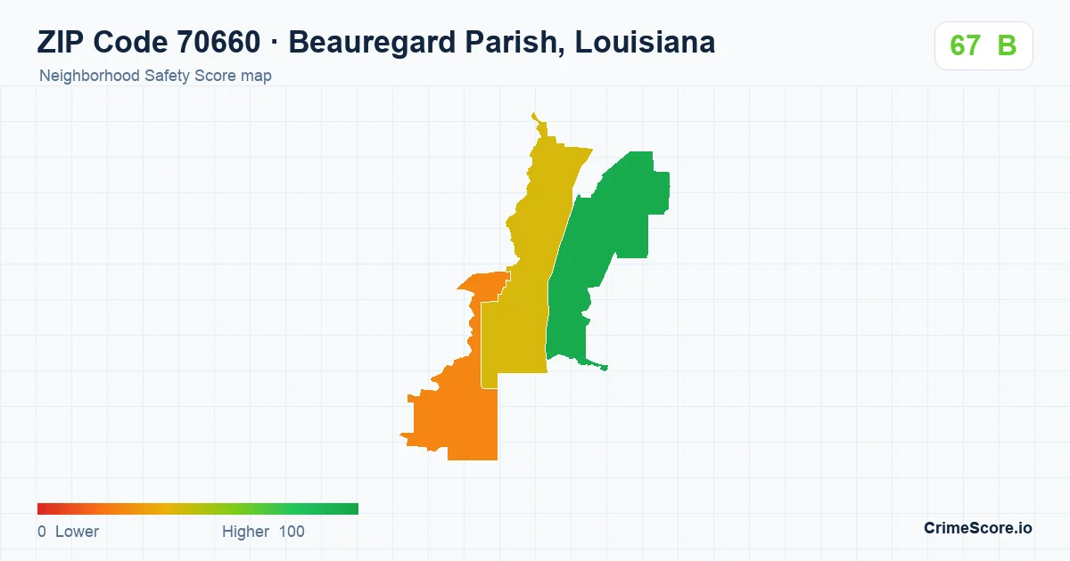 ZIP Code 70660 in Beauregard Parish, Louisiana neighborhood Safety Score map