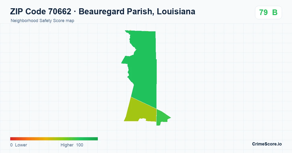 ZIP Code 70662 in Beauregard Parish, Louisiana neighborhood Safety Score map