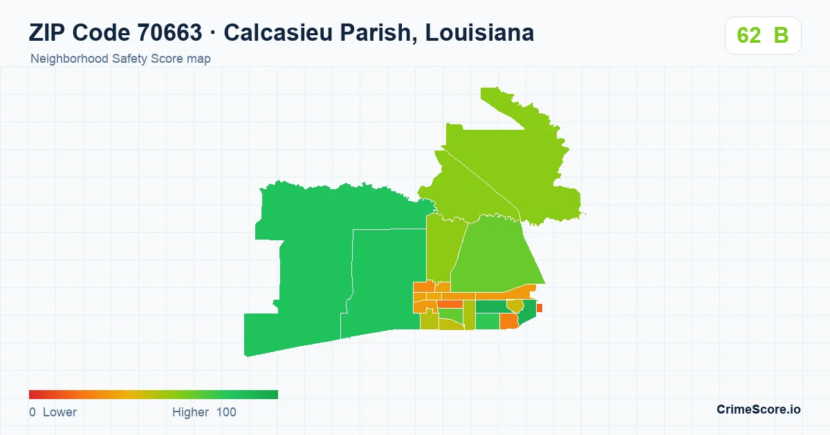 ZIP Code 70663 in Calcasieu Parish, Louisiana neighborhood Safety Score map