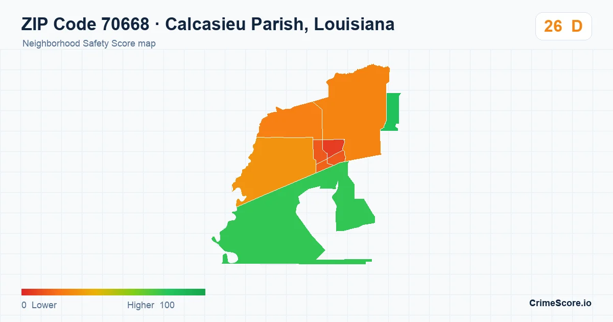 ZIP Code 70668 in Calcasieu Parish, Louisiana neighborhood Safety Score map