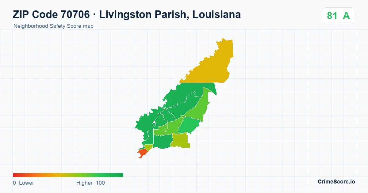 ZIP Code 70706 in Livingston Parish, Louisiana neighborhood Safety Score map