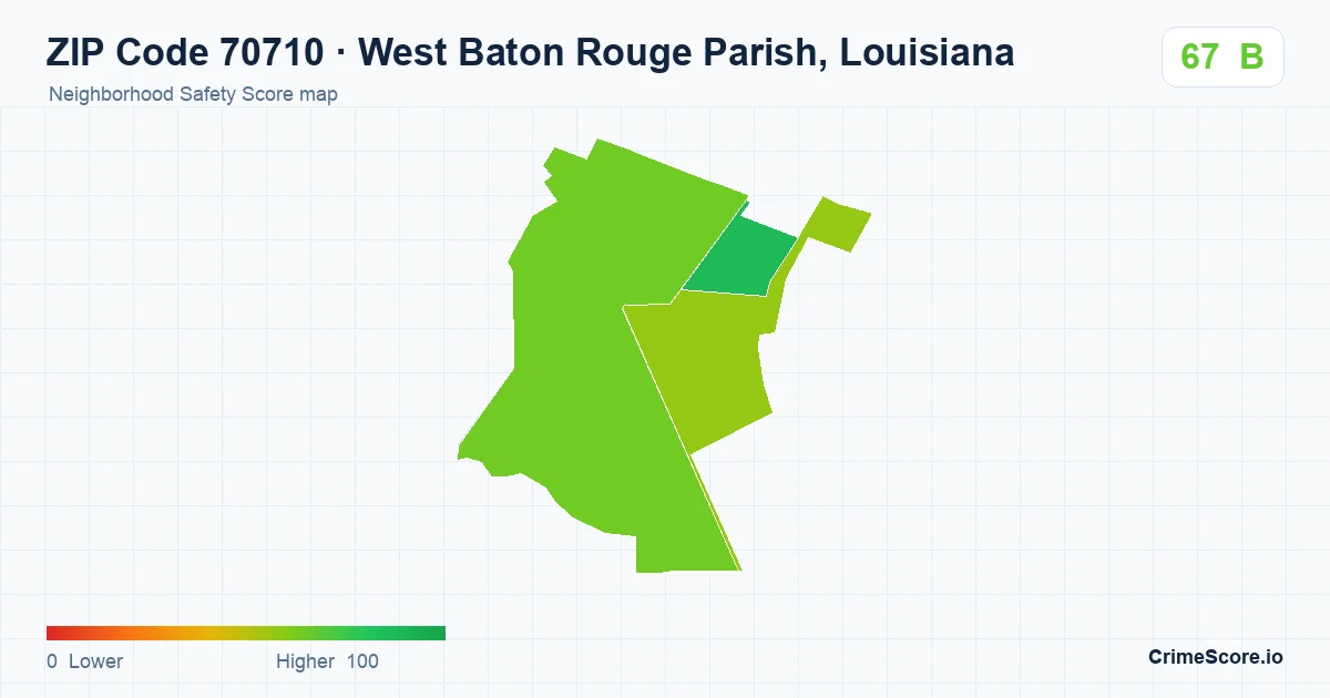 ZIP Code 70710 in West Baton Rouge Parish, Louisiana neighborhood Safety Score map