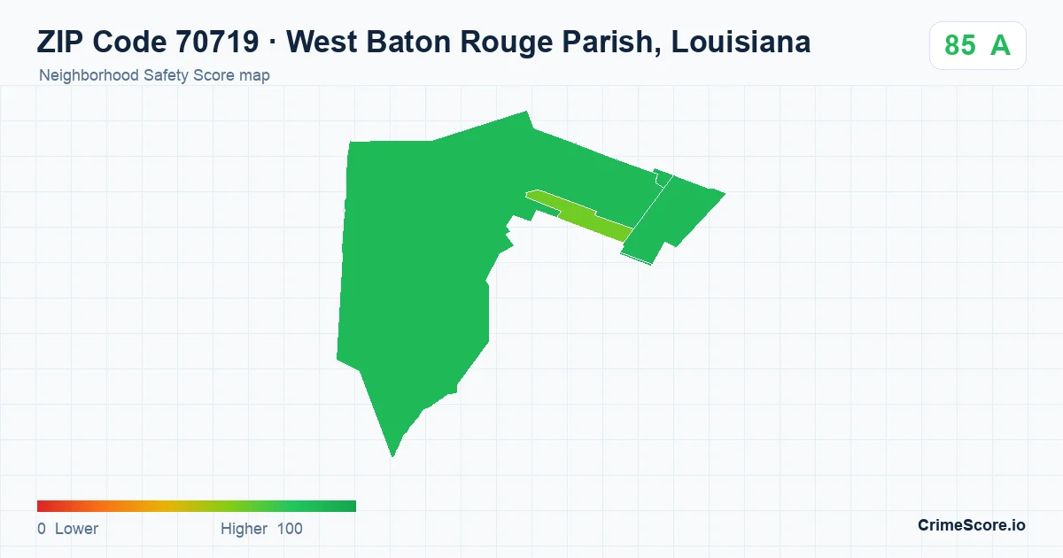 ZIP Code 70719 in West Baton Rouge Parish, Louisiana neighborhood Safety Score map