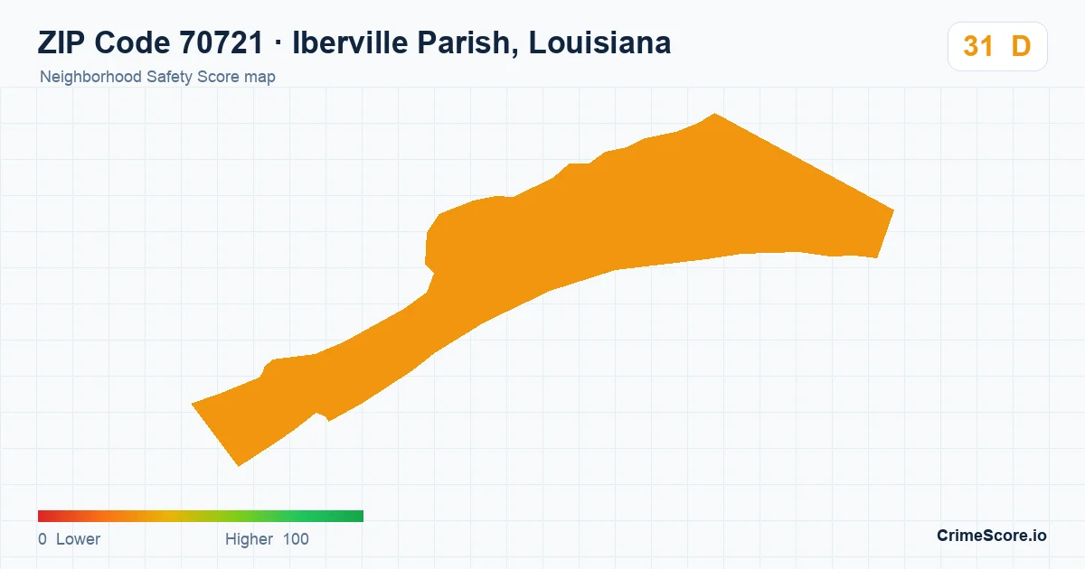ZIP Code 70721 in Iberville Parish, Louisiana neighborhood Safety Score map