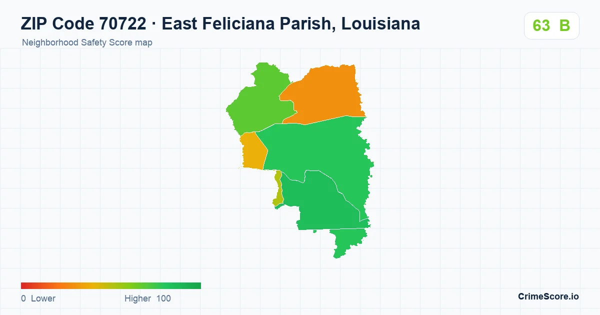 ZIP Code 70722 in East Feliciana Parish, Louisiana neighborhood Safety Score map