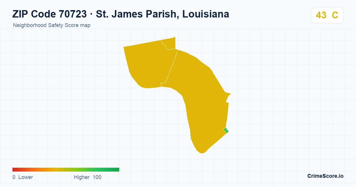 ZIP Code 70723 in St. James Parish, Louisiana neighborhood Safety Score map