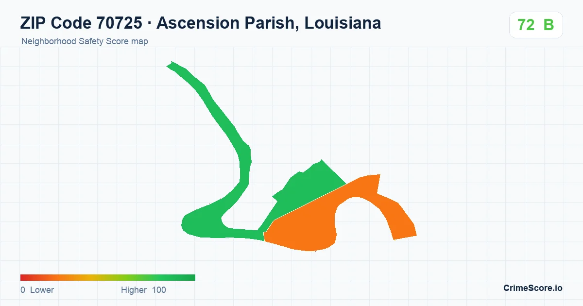 ZIP Code 70725 in Ascension Parish, Louisiana neighborhood Safety Score map