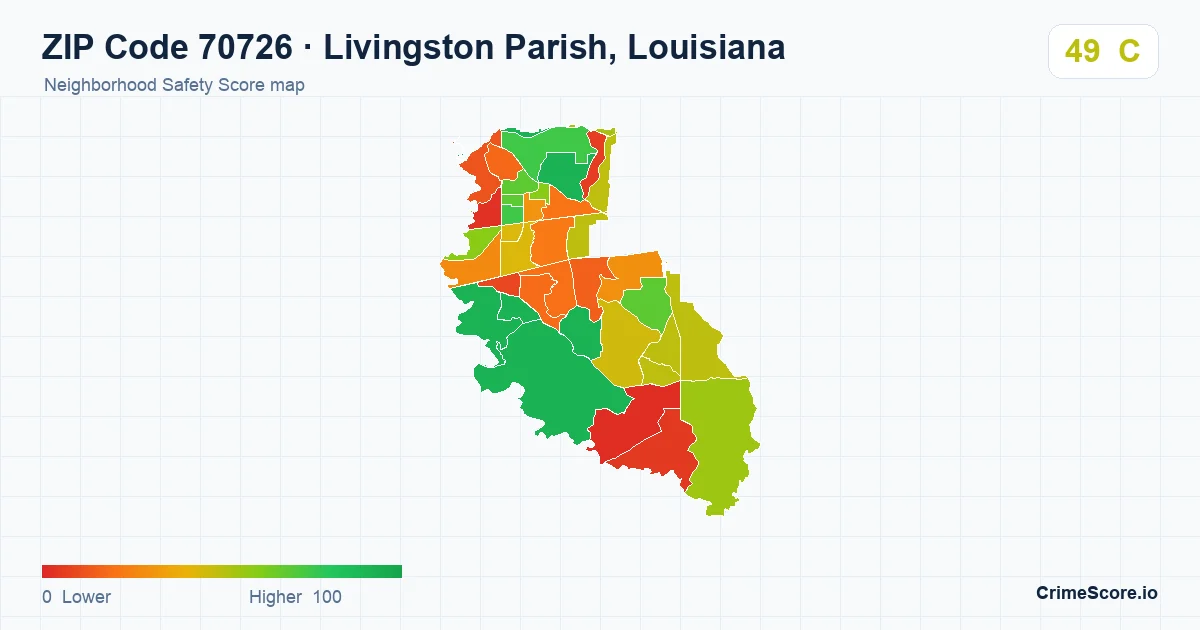 ZIP Code 70726 in Livingston Parish, Louisiana neighborhood Safety Score map