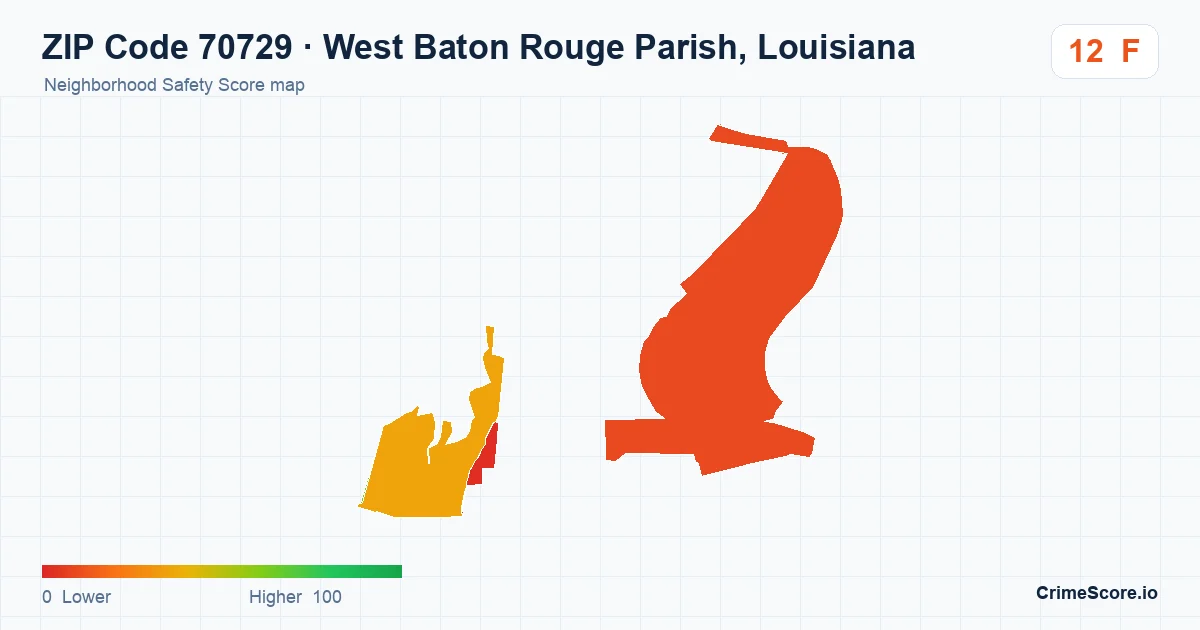 ZIP Code 70729 in West Baton Rouge Parish, Louisiana neighborhood Safety Score map