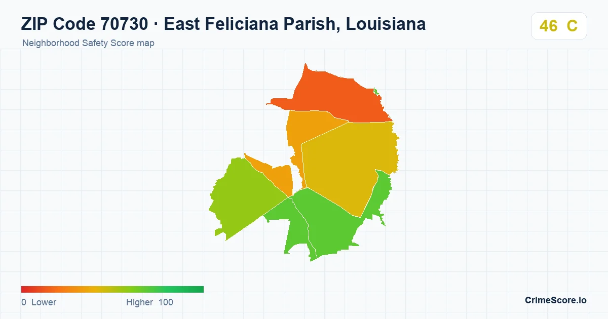 ZIP Code 70730 in East Feliciana Parish, Louisiana neighborhood Safety Score map
