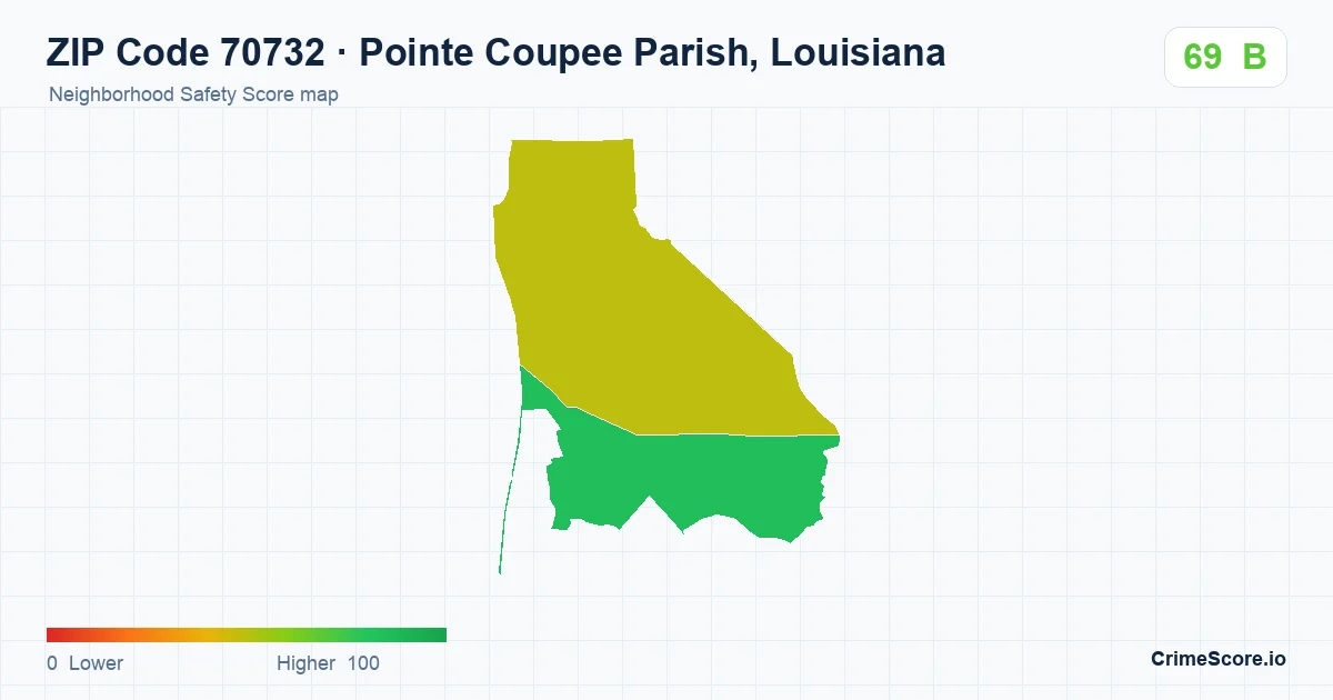 ZIP Code 70732 in Pointe Coupee Parish, Louisiana neighborhood Safety Score map