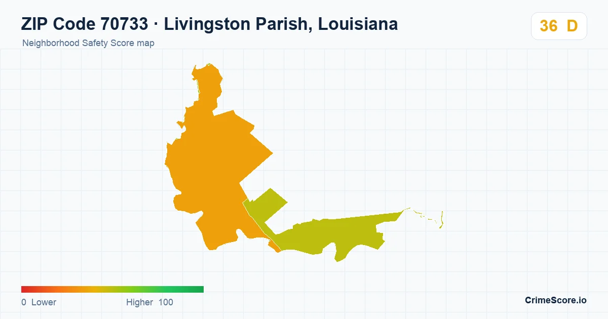 ZIP Code 70733 in Livingston Parish, Louisiana neighborhood Safety Score map