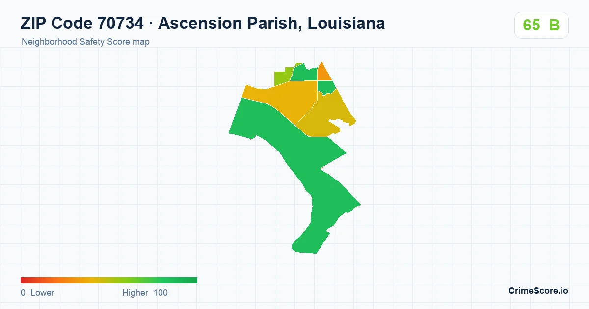 ZIP Code 70734 in Ascension Parish, Louisiana neighborhood Safety Score map
