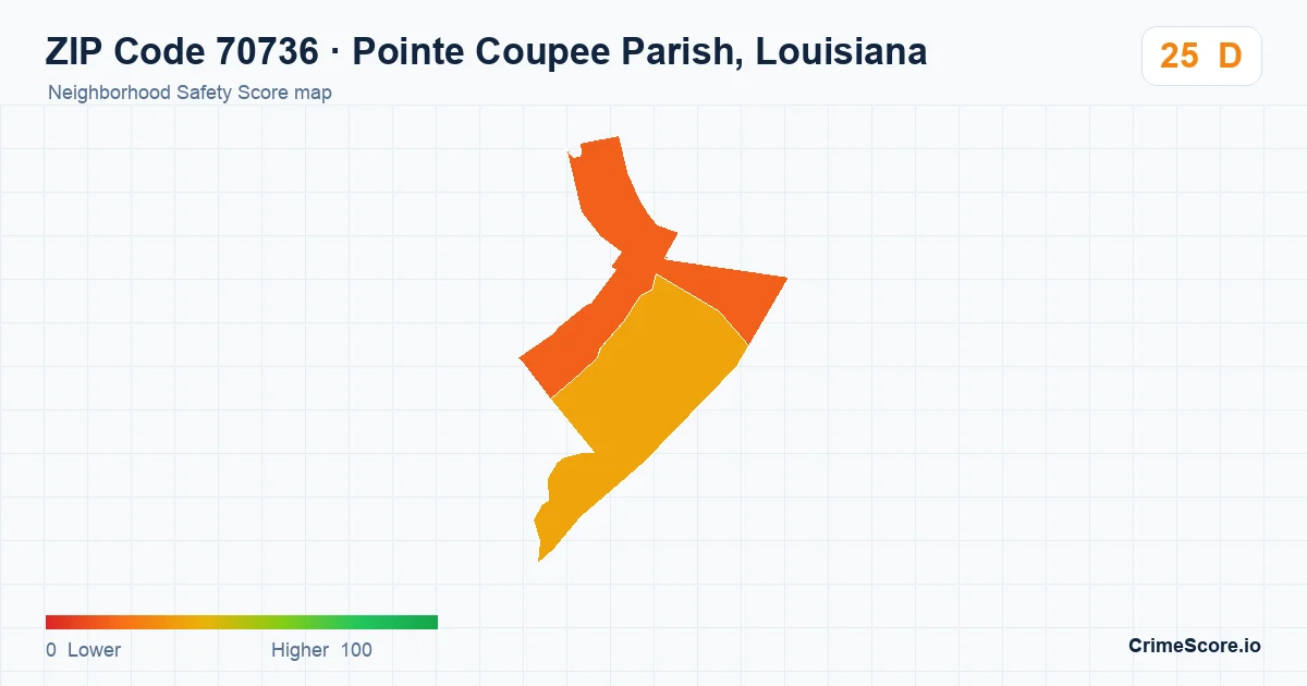 ZIP Code 70736 in Pointe Coupee Parish, Louisiana neighborhood Safety Score map