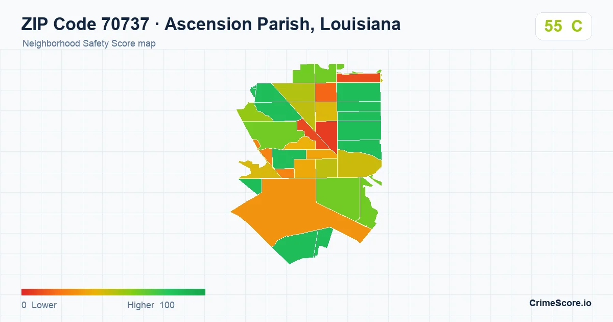 ZIP Code 70737 in Ascension Parish, Louisiana neighborhood Safety Score map