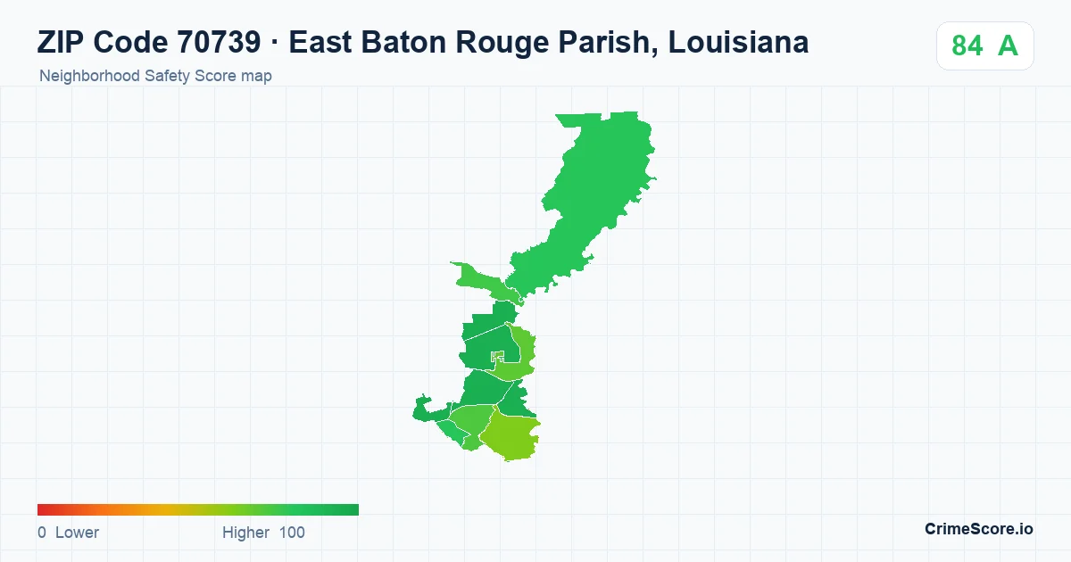ZIP Code 70739 in East Baton Rouge Parish, Louisiana neighborhood Safety Score map