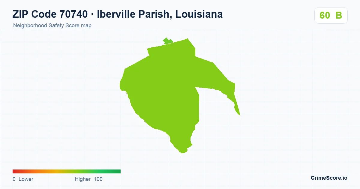 ZIP Code 70740 in Iberville Parish, Louisiana neighborhood Safety Score map