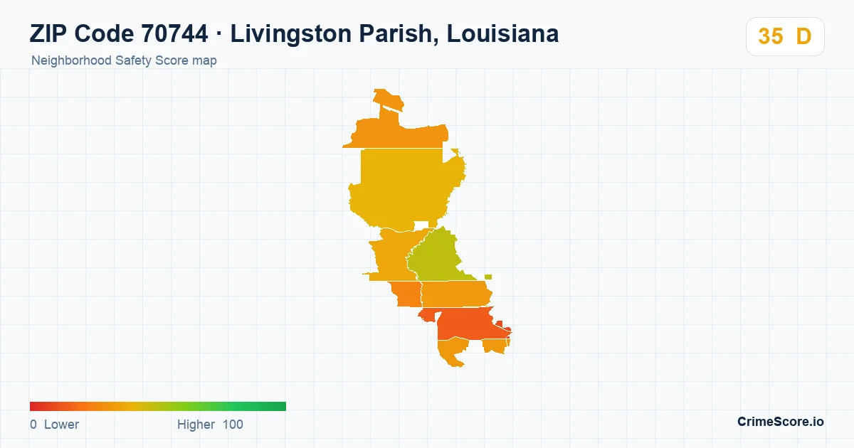 ZIP Code 70744 in Livingston Parish, Louisiana neighborhood Safety Score map