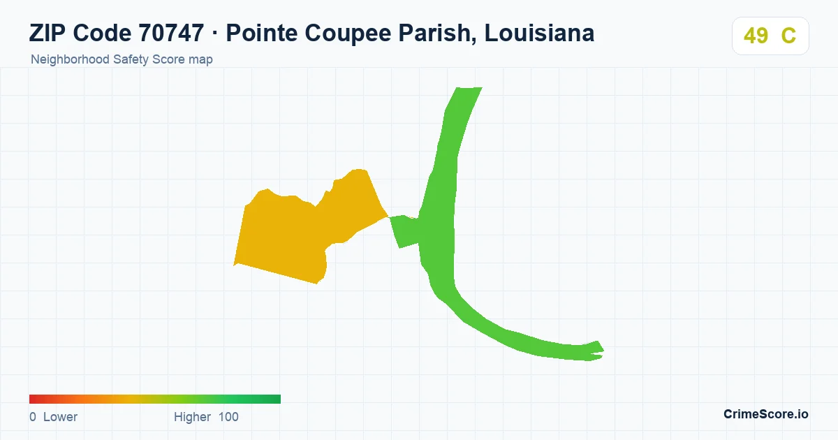 ZIP Code 70747 in Pointe Coupee Parish, Louisiana neighborhood Safety Score map