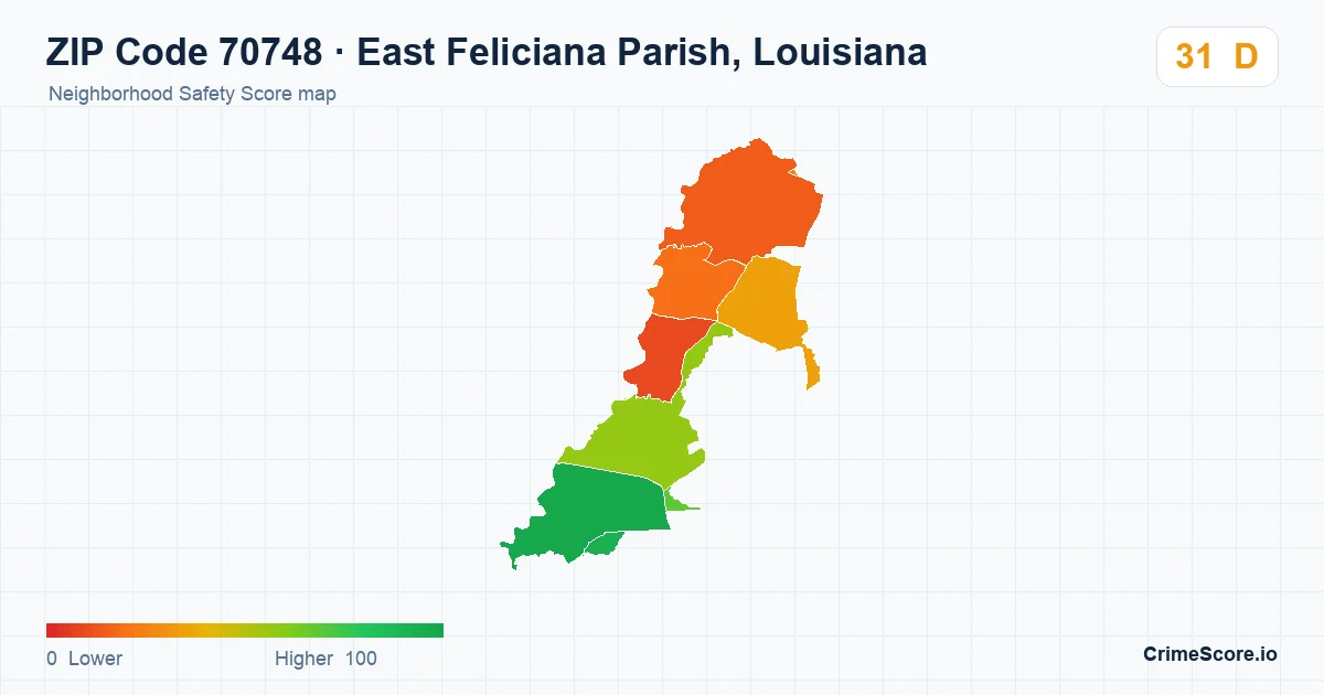 ZIP Code 70748 in East Feliciana Parish, Louisiana neighborhood Safety Score map