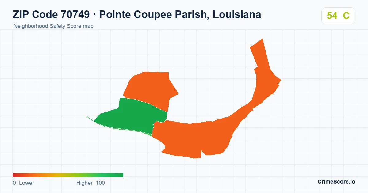 ZIP Code 70749 in Pointe Coupee Parish, Louisiana neighborhood Safety Score map