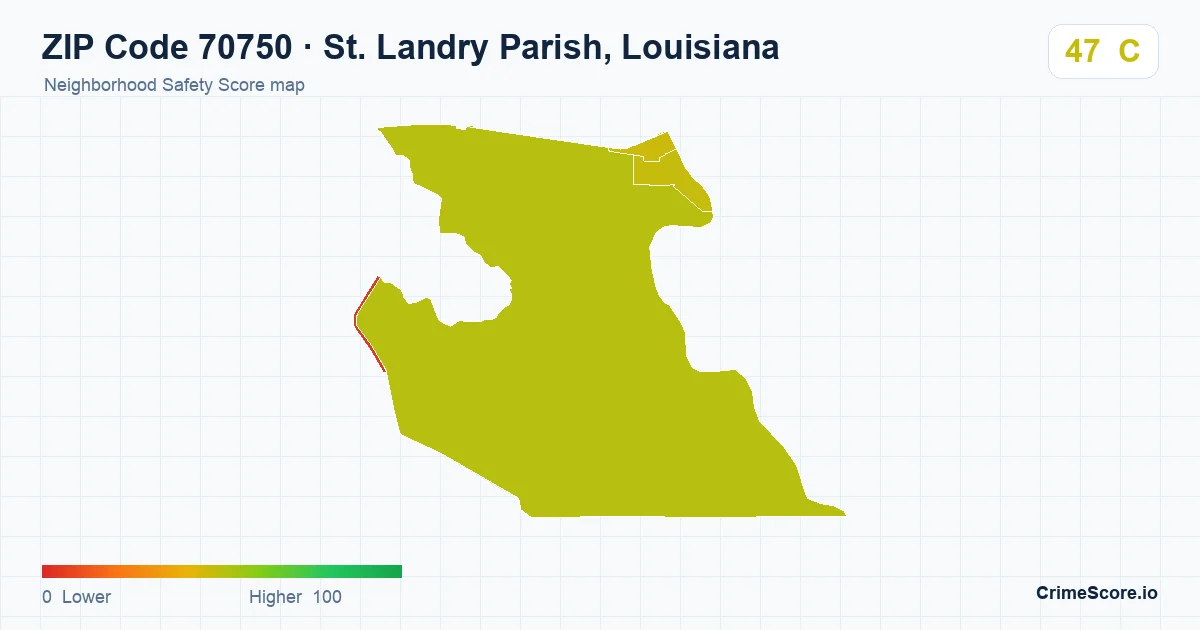 ZIP Code 70750 in St. Landry Parish, Louisiana neighborhood Safety Score map